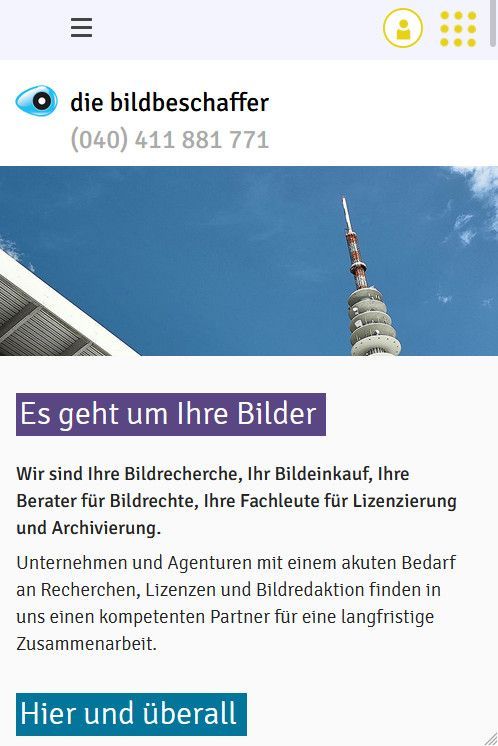 Startseite der Website Die Bildbeschaffer, Smartphone-Version