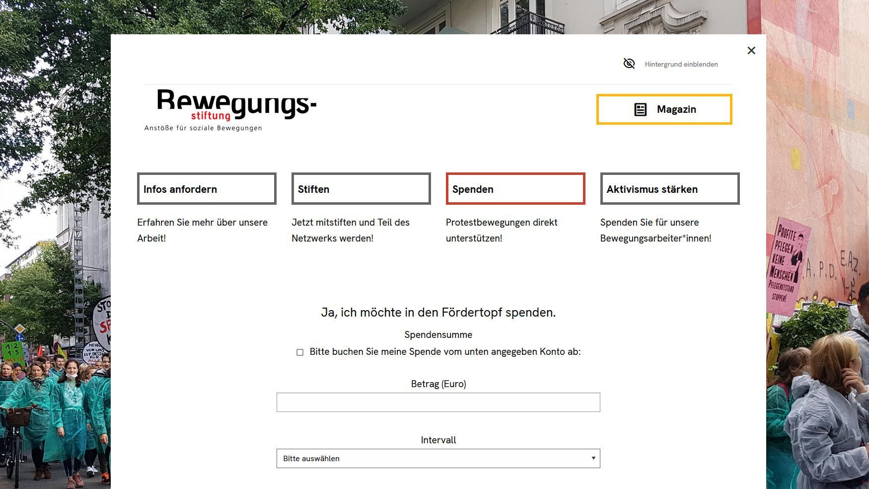 Unterseite der Bewegungsstiftung mit Optionen wie „Infos anfordern“ oder „Spenden“