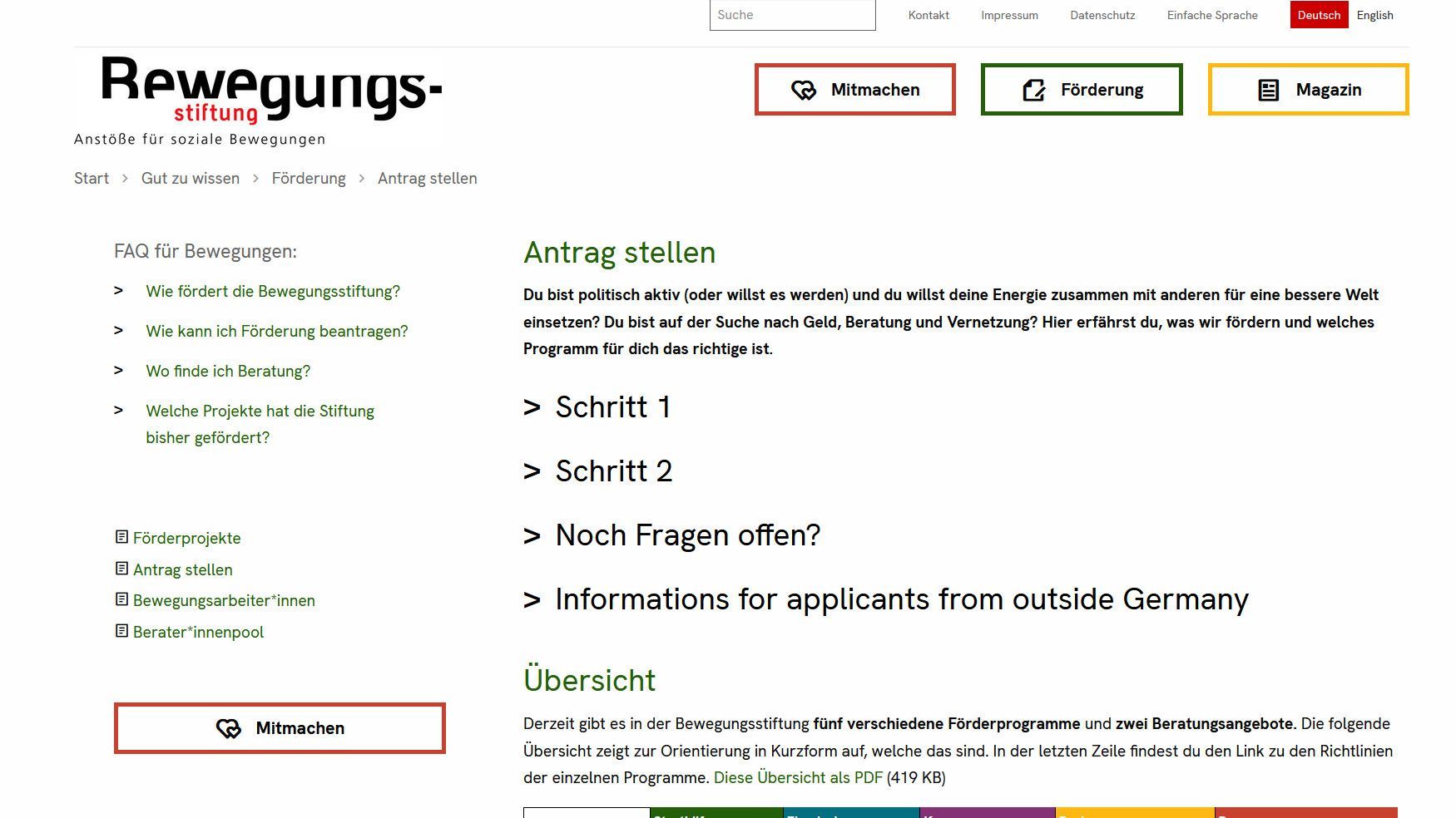 Unterseite der Bewegungsstiftung mit Informationen zur Antragsstellung 