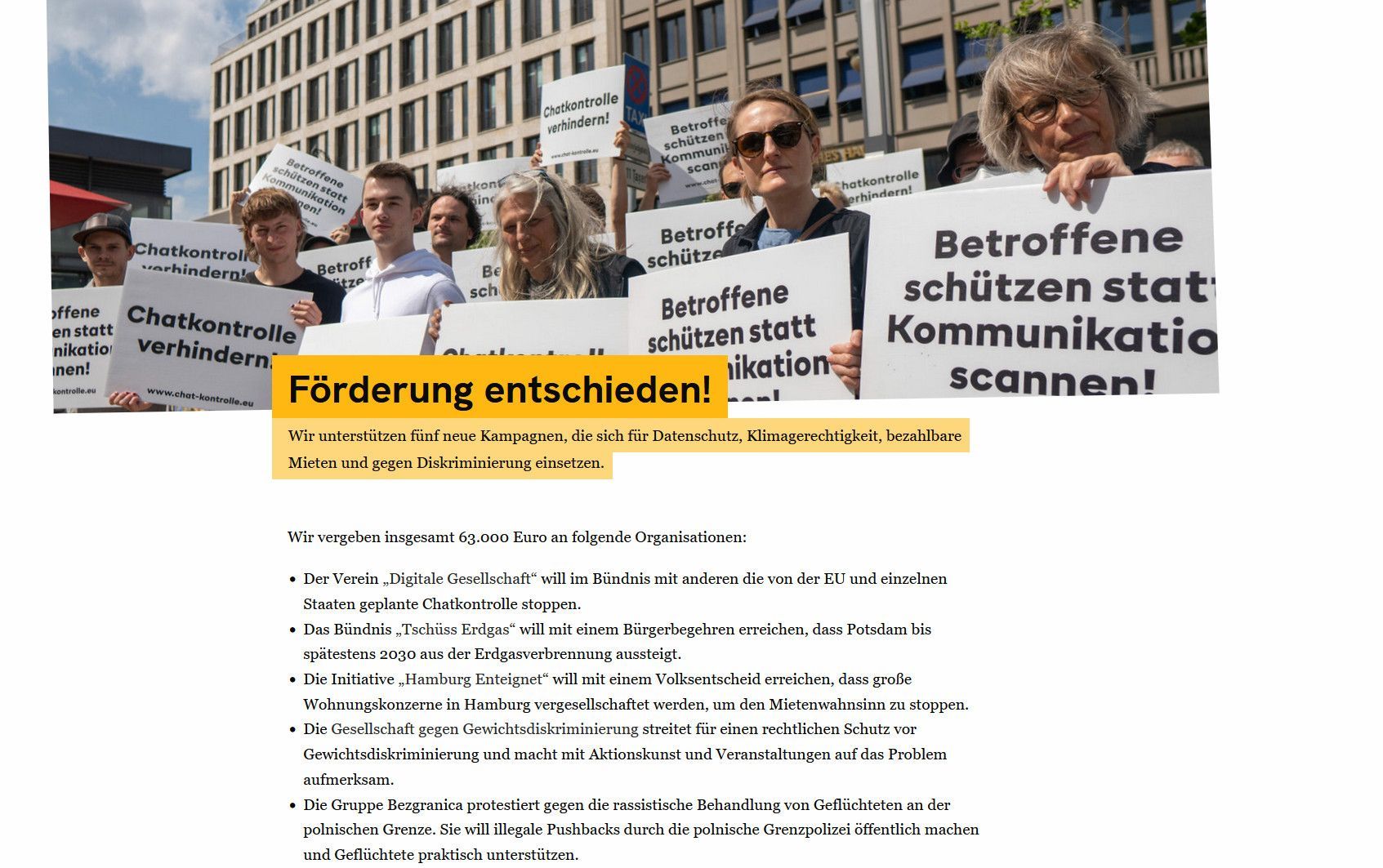 Unterseite der Bewegungsstiftung mit dem Titel „Förderung entschieden“