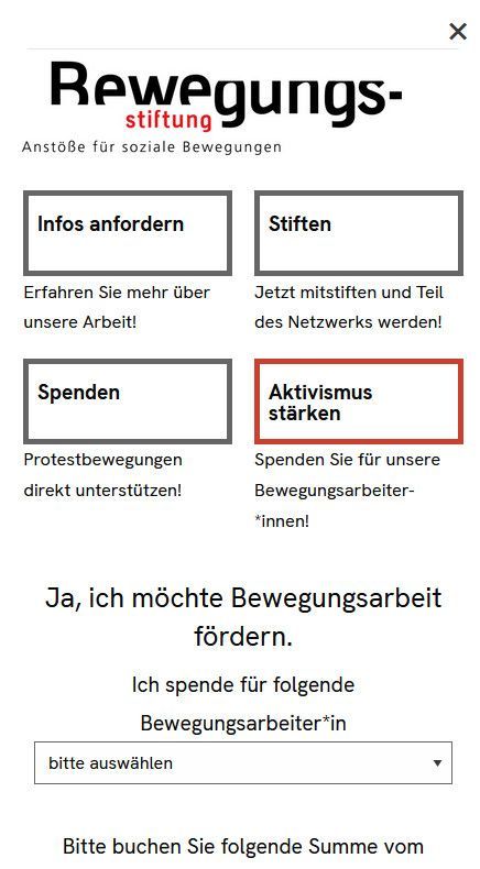 Unterseite der Bewegungsstiftung mit Optionen wie „Infos anfordern“ oder „Spenden“, Smartphone-Version