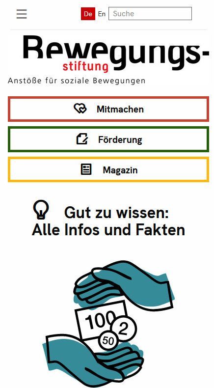 Unterseite der Bewegungsstiftung mit Optionen wie „Mitmachen“, „Förderung“ und „Magazin“, Smartphone-Version 