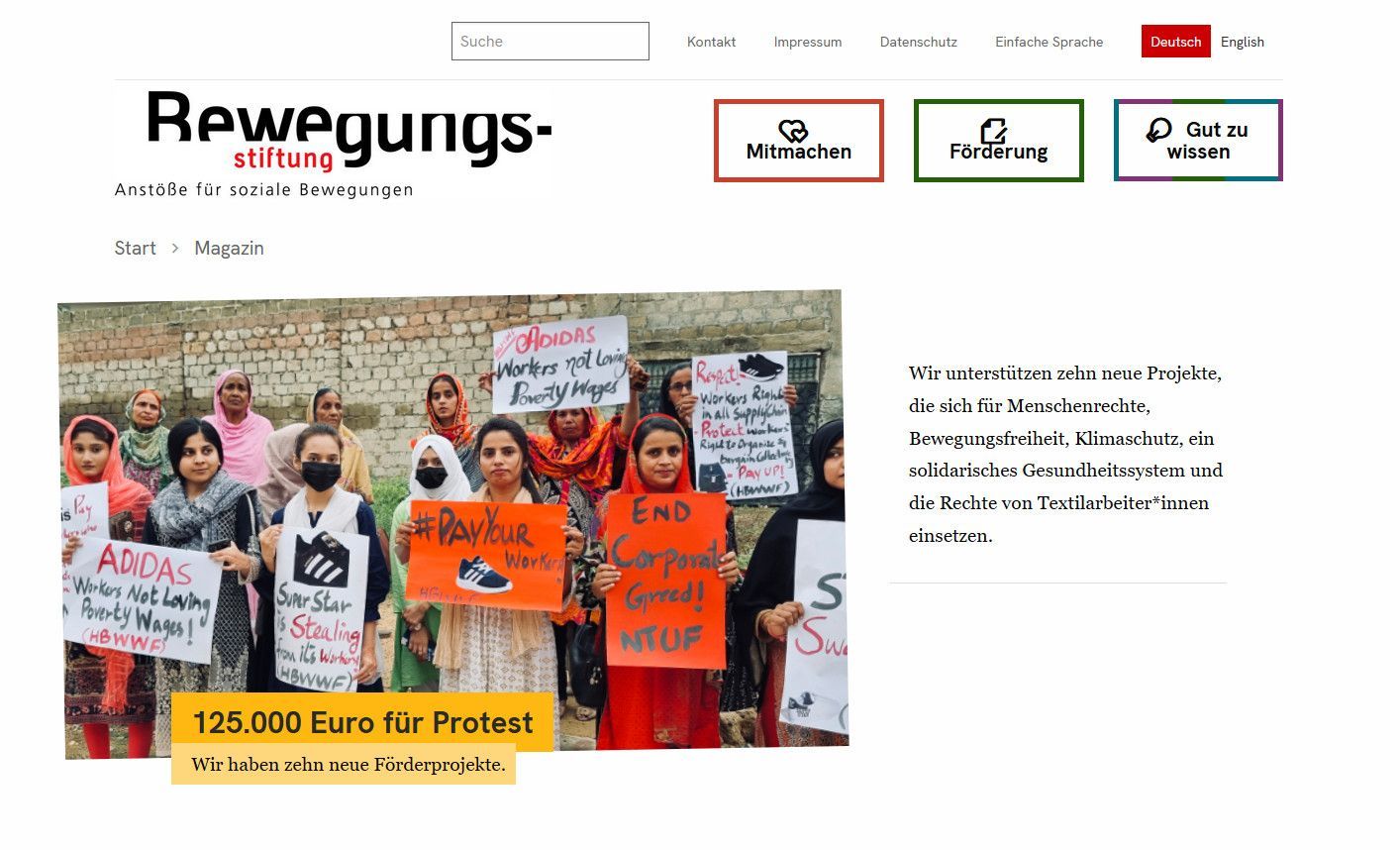 Startseite der Website der Bewegungsstiftung