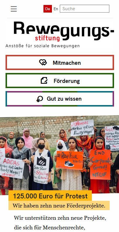 Startseite der Bewegungsstiftung, Smartphone-Version