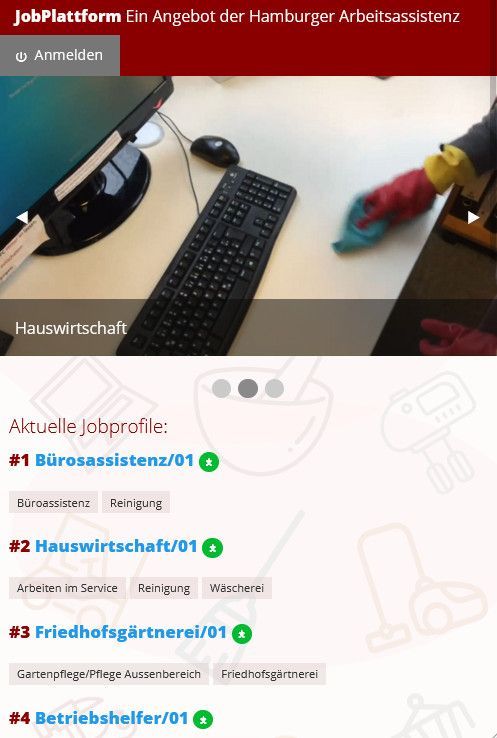 Startseite der Website Jobplattform der Hamburger Arbeitsassistenz, Smartphone-Version