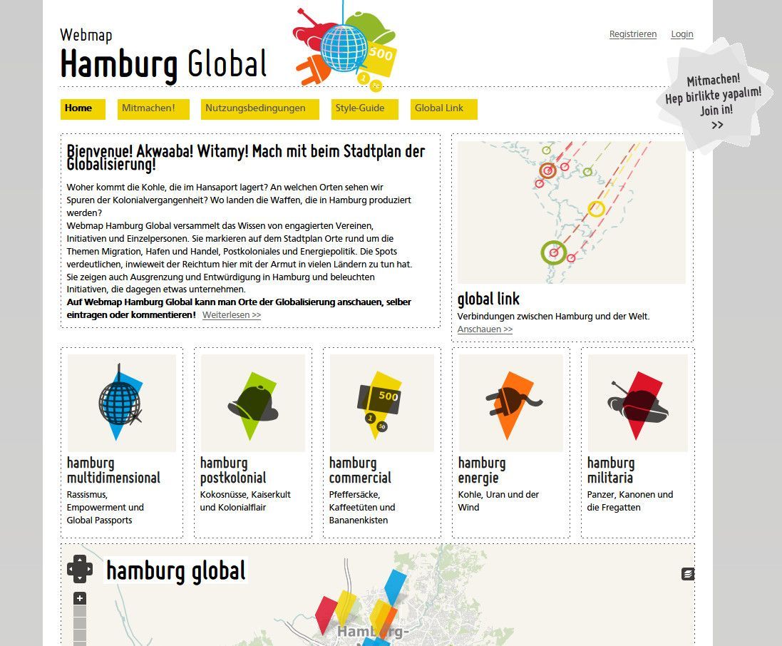 Startseite der Website Hamburg Global mit einer Karte von Hamburg und mehreren mehrfarbigen Markierungen