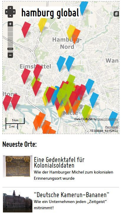 Startseite der Website Hamburg Global mit einer Karte von Hamburg und mehreren mehrfarbigen Markierungen, Smartphone-Version