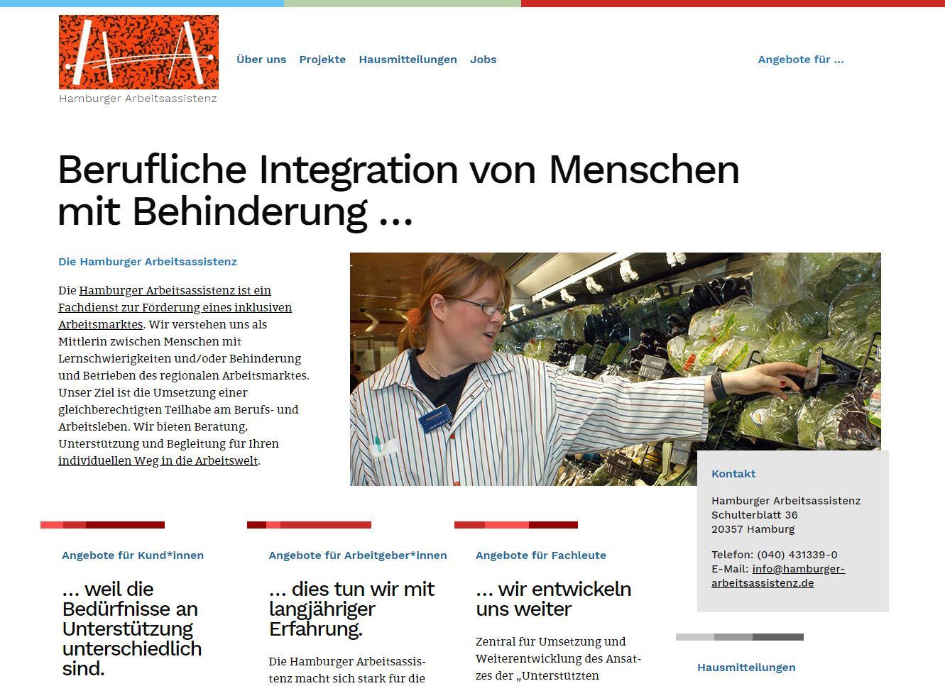 Startseite der Website Hamburger Arbeitsassistenz mit der Überschrift „Beruflich Integration von Menschen mit Behinderung“