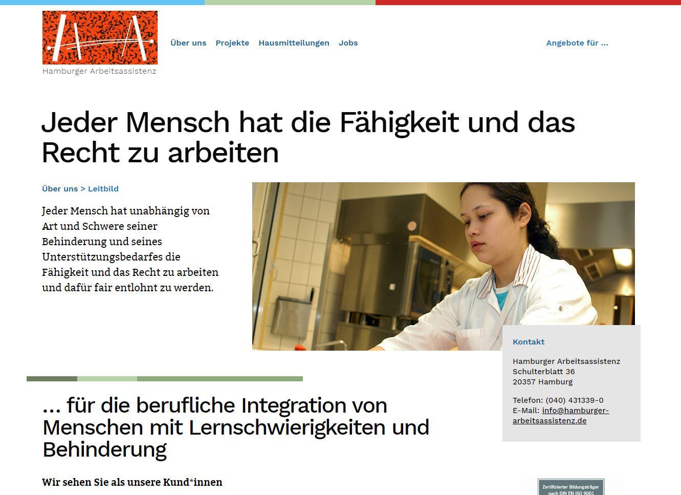 Unterseite der Website Hamburger Arbeitsassistenz zum Thema „Leitbild“
