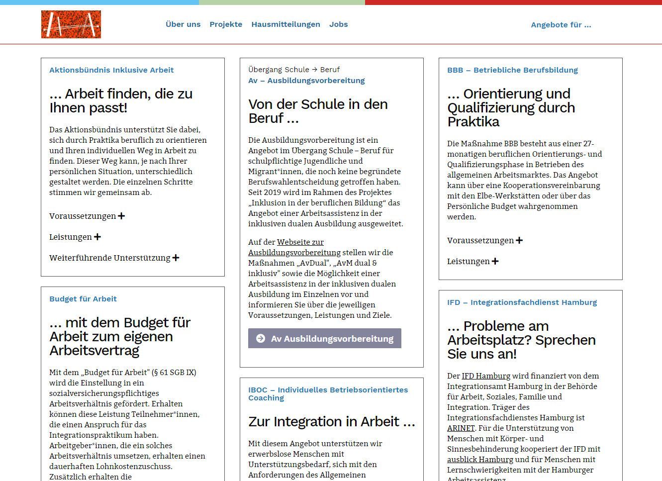 Unterseite der Website Hamburger Arbeitsassistenz zum Thema „Maßnahmen“ 
