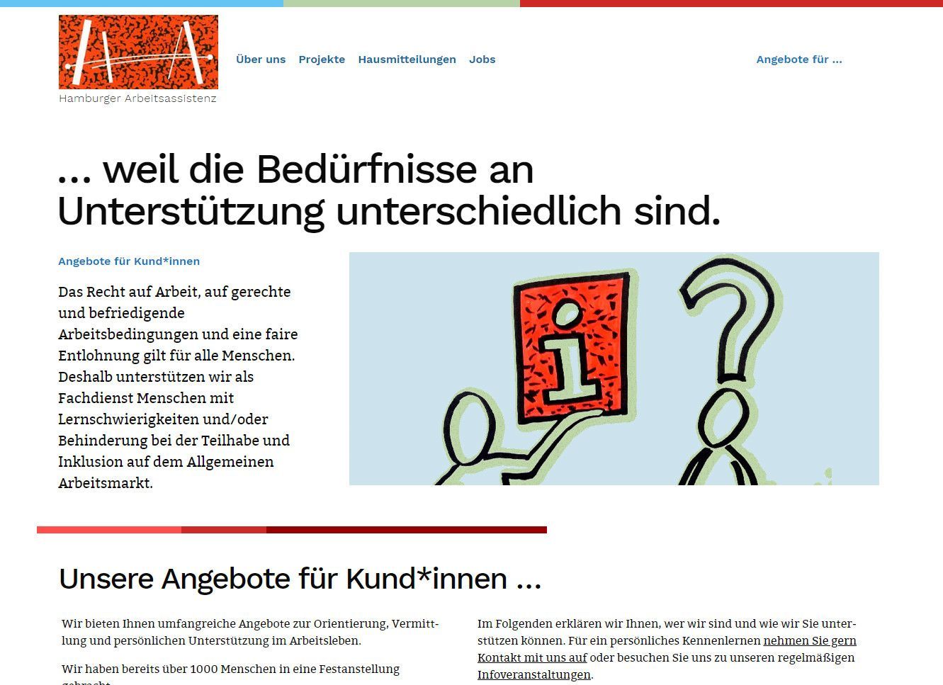 Unterseite der Website Hamburger Arbeitsassistenz zum Thema „Angebote für Kund*innen“