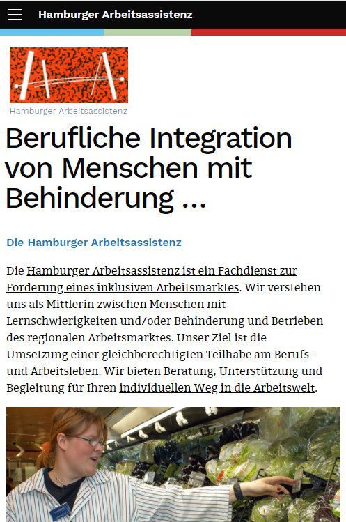 Startseite der Website Hamburger Arbeitsassistenz mit der Überschrift „Beruflich Integration von Menschen mit Behinderung“, Smartphone-Version