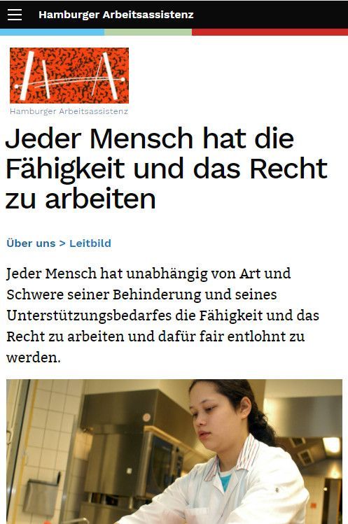Unterseite der Website Hamburger Arbeitsassistenz zum Thema „Leitbild“, Smartphone-Version
