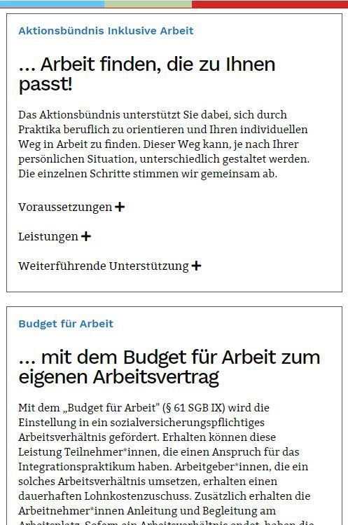 Unterseite der Website Hamburger Arbeitsassistenz zum Thema „Maßnahmen“, Smartphone-Version