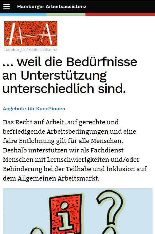 Unterseite der Website Hamburger Arbeitsassistenz zum Thema „Angebote für Kund*innen“, Smartphone-Version