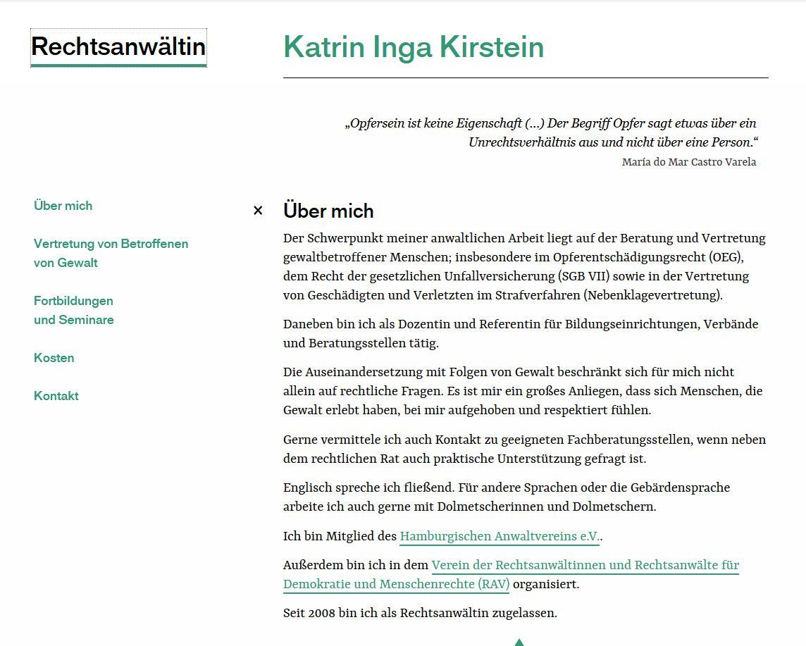 Unterseite der Website der Rechtsanwältin Katrin Inga Kirstein mit dem Thema „Über mich“