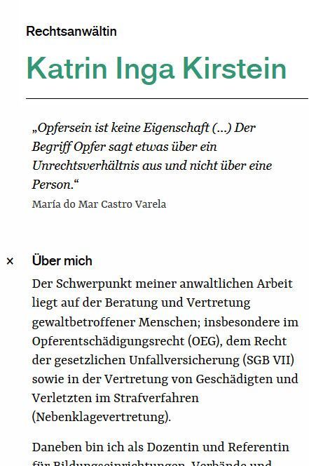 Unterseite der Website der Rechtsanwältin Katrin Inga Kirstein mit dem Thema „Über mich“, Smartphone-Version