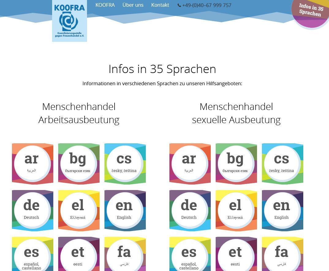 Unterseite der Website KOOFRA Koordinierungsstelle gegen Frauenhandel, auf der Informationen zu Themen wie Arbeitsausbeutung und sexuelle Ausbeutung in 35 Sprachen zu Verfügung stehen