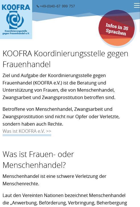 Startseite der Website KOOFRA Koordinierungsstelle gegen Frauenhandel, Smartphone-Version