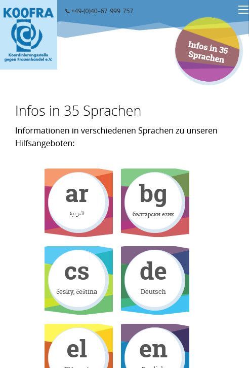 Unterseite der Website KOOFRA Koordinierungsstelle gegen Frauenhandel, auf der Informationen zu Hilfsangeboten in 35 Sprachen zu Verfügung stehen, Smartphone-Version