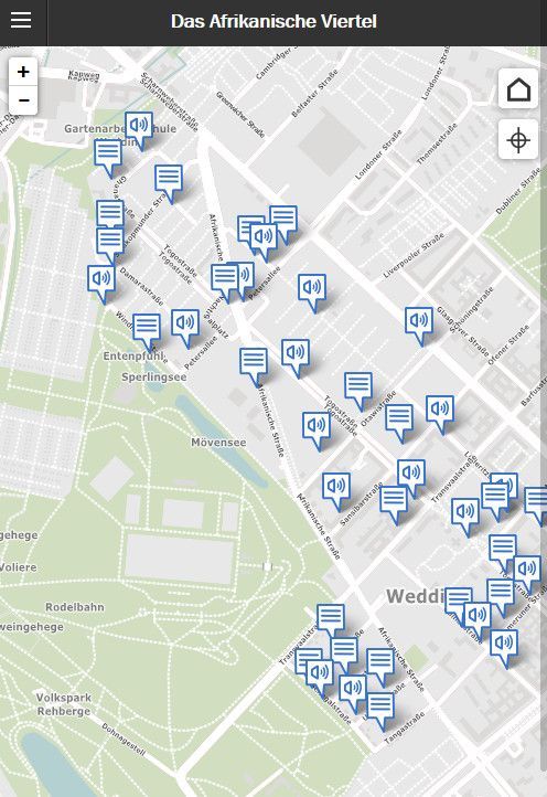 Startseite der Website Lern- und Erinnerungsort Afrikanisches Viertel in Berlin mit einer Gesamtansicht der Karte des Viertels mit mehreren blau-weißen Markierungen Sprechblasenform, Smartphone-Version