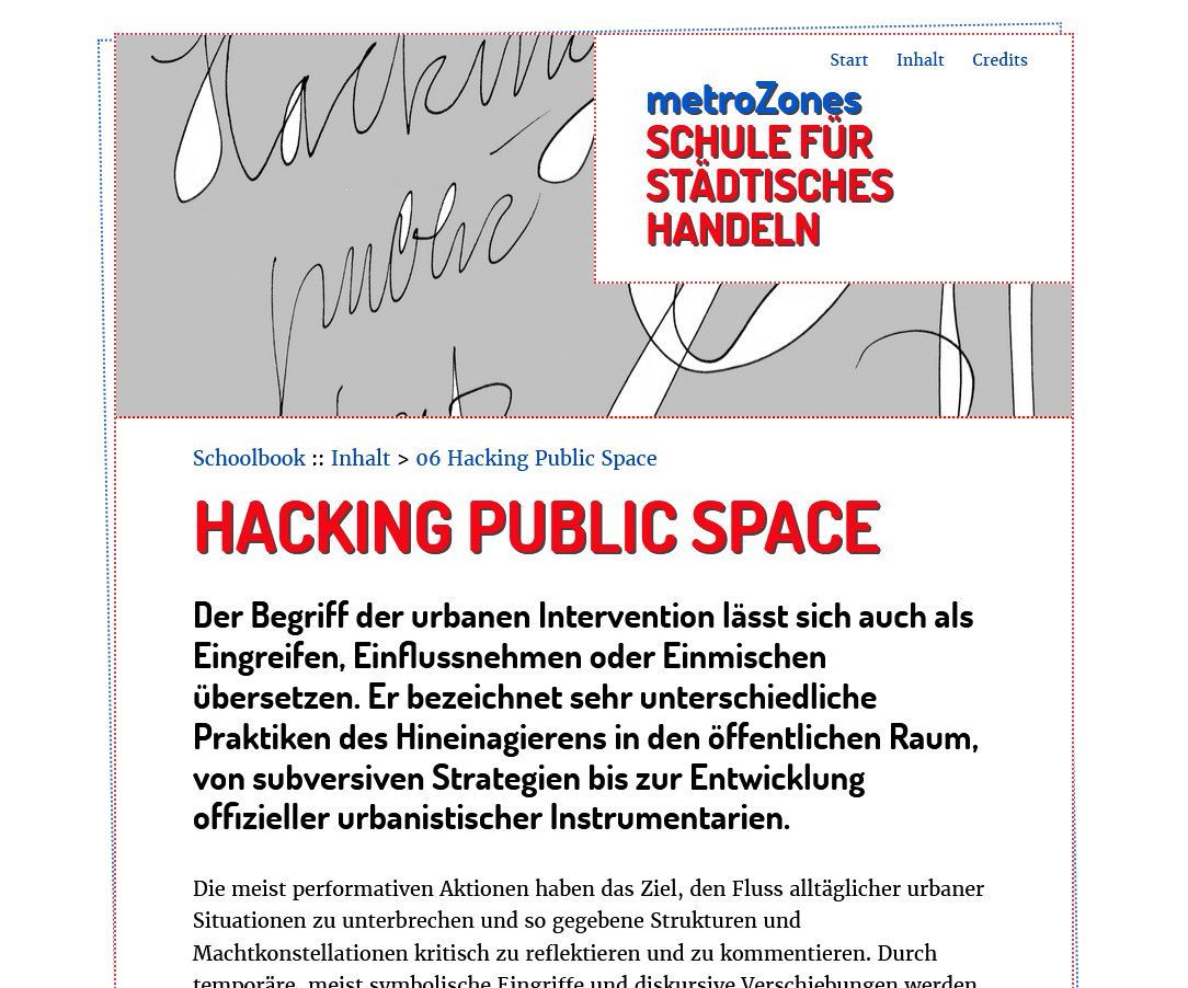 Unterseite der Website Metrozones: Schule für städtisches Handeln zum Begriff „Hacking Public Spaces“