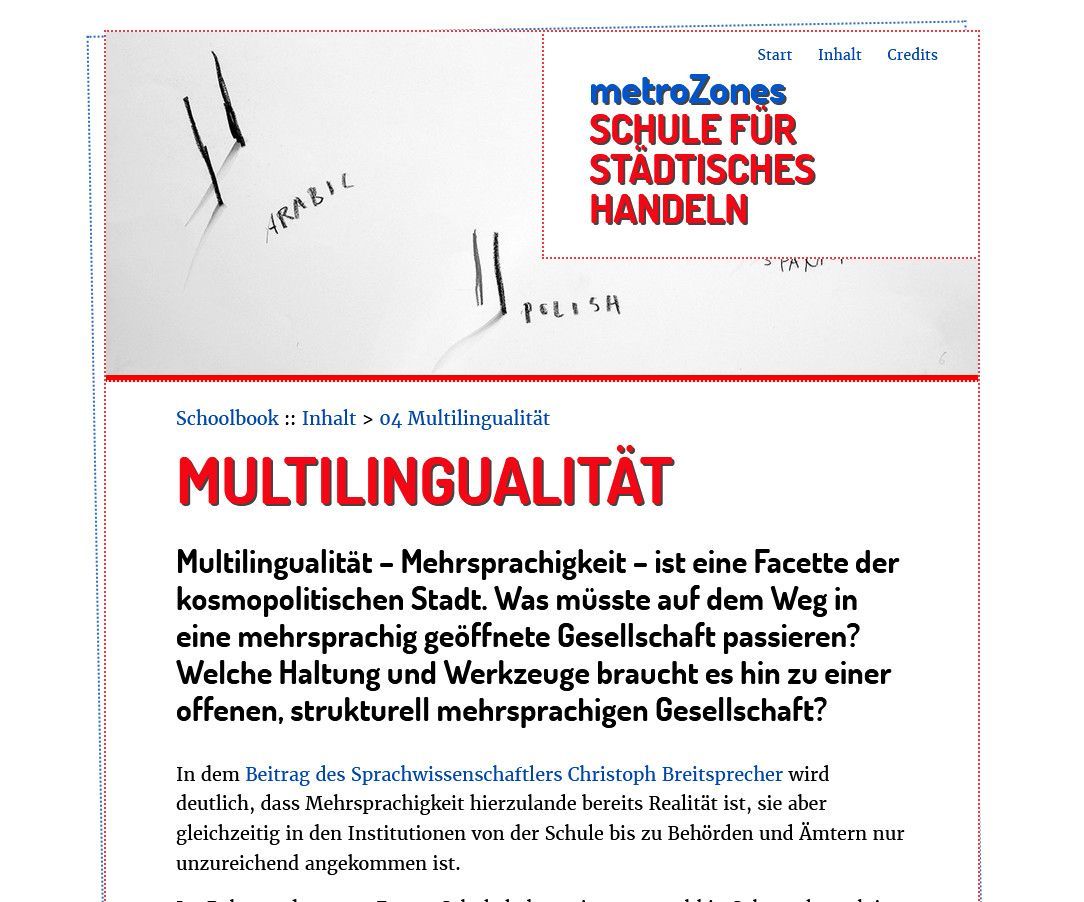 Unterseite der Website Metrozones: Schule für städtisches Handeln zum Begriff „Multilingualität“