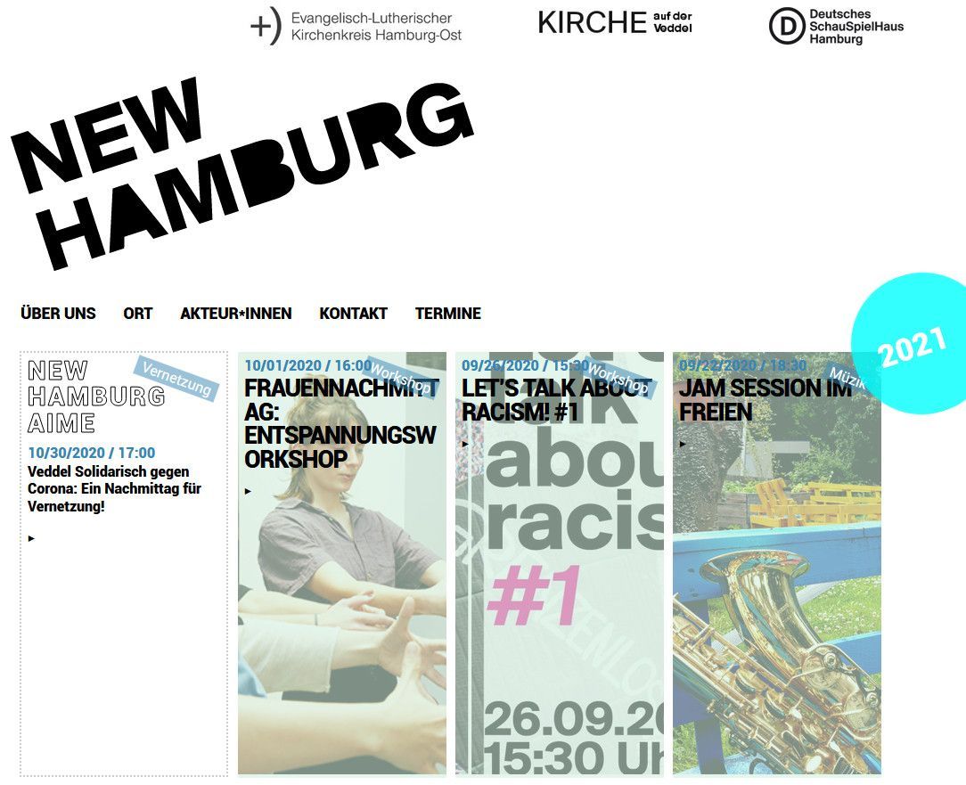 Startseite der Website New Hamburg mit Menüpunkten wie „Über uns“, „Orte“ und „Akteuer*innen“