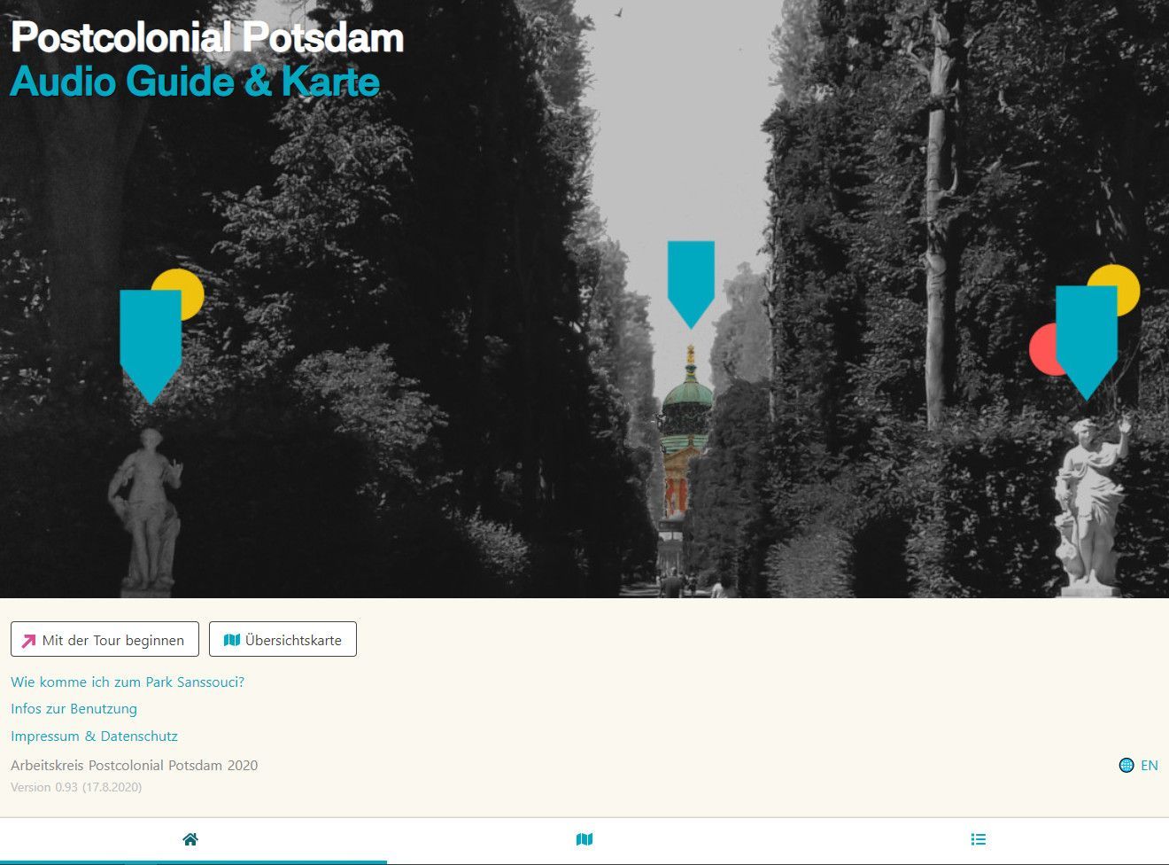 Startseite der Website Postcolonial Potsdam Audio Guide and Map