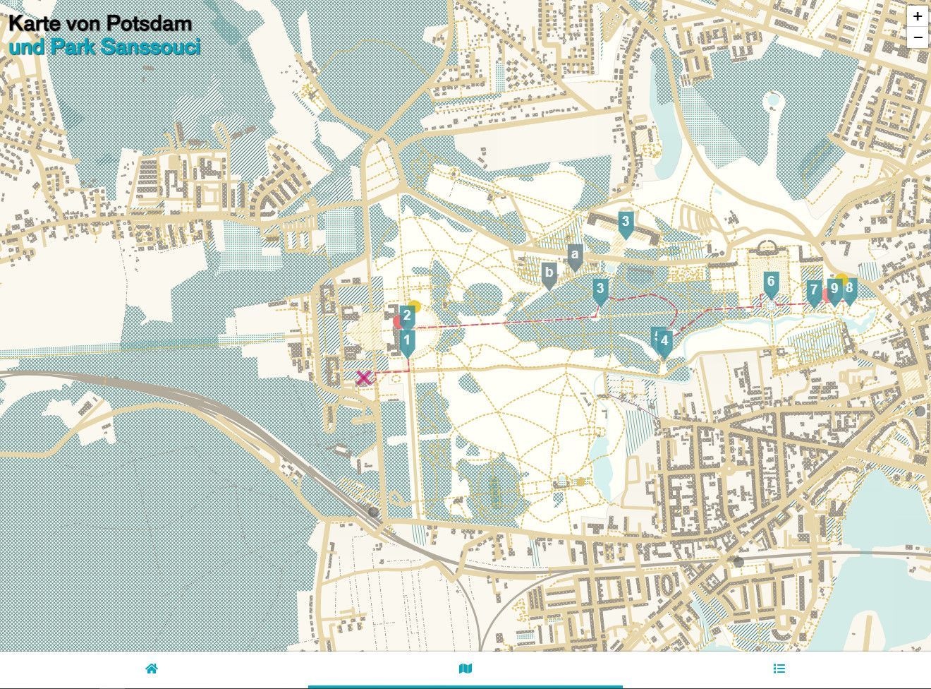 Überblick über die Karte von Potsdam und den Park Sanssouci mit mehreren blauen Markierungen, die mit einer roten Linie verbunden sind