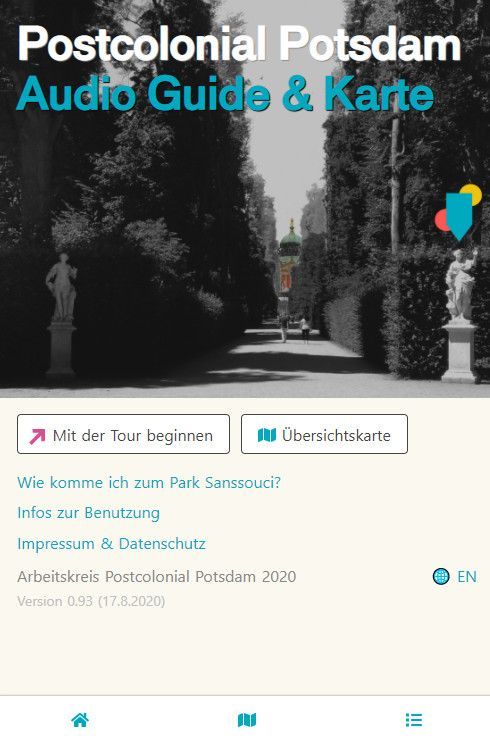Startseite der Website Postcolonial Potsdam Audio Guide and Map, Smartphone-Version