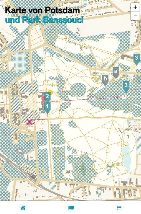 Überblick über die Karte von Potsdam und den Park Sanssouci mit mehreren blauen Markierungen, die mit einer roten Linie verbunden sind, Smartphone-Version