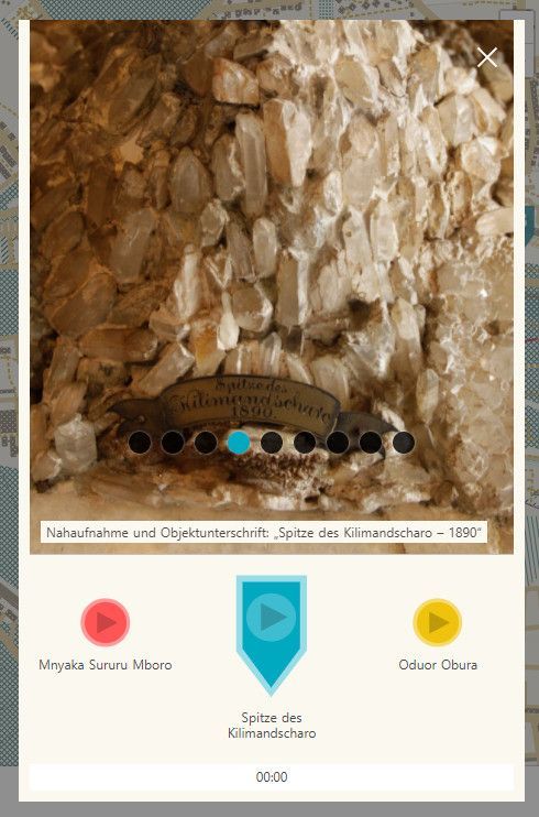 Unterseite der mobilen App mit einer Nahaufnahme eines Objekts mit dem Titel „Spitze des Kilimandscharo“, Smartphone-Version