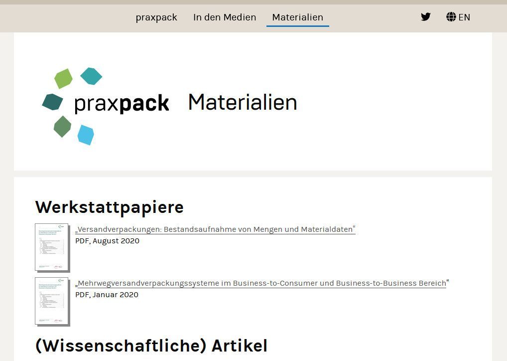 Unterseite der Website Praxpack mit Materialien zu Themen wie „Mehrwegversandverpackungen“ 