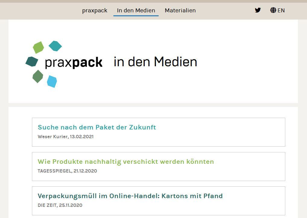 Unterseite der Website Praxpack zum Thema „In den Medien“