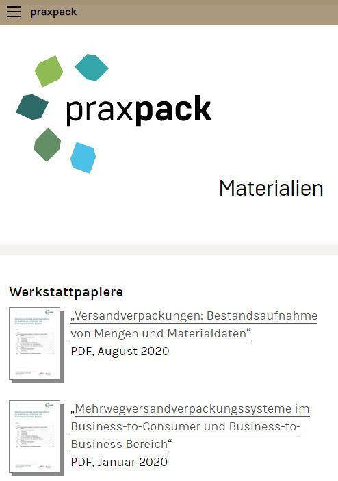 Unterseite der Website Praxpack mit Materialien zu Themen wie „Mehrwegversandverpackungen“, Smartphone-Version