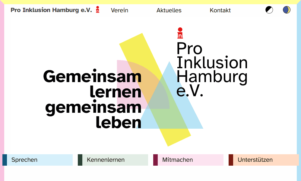 Startseite der Website Pro Inklusion Hamburg mit dem Titel "Gemeinsam lernen, gemeinsam leben"