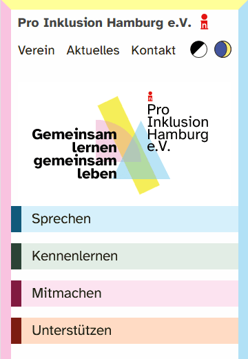 Startseite der Website Pro Inklusion Hamburg mit dem Titel „Gemeinsam lernen, gemeinsam leben", Smartphone-Version