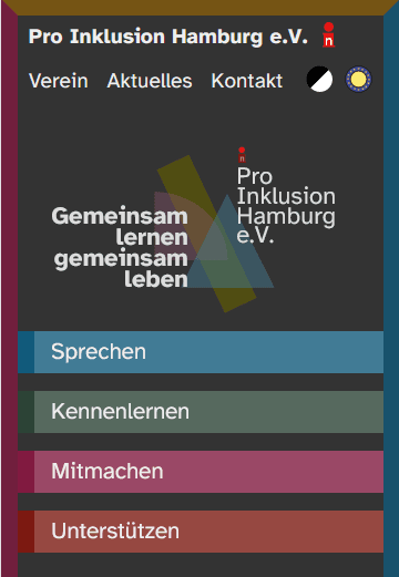 Startseite der Website Pro Inklusion Hamburg mit dem Titel "Gemeinsam lernen, gemeinsam leben", Smartphone-Version, Nacht-Modus