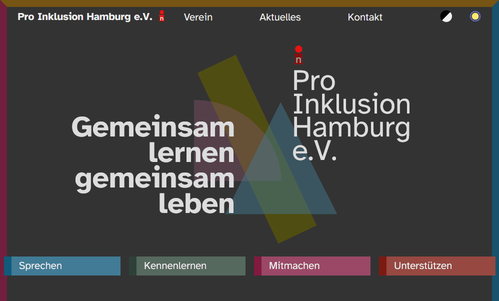Startseite der Website Pro Inklusion Hamburg mit dem Titel "Gemeinsam lernen, gemeinsam leben", Nacht-Modus