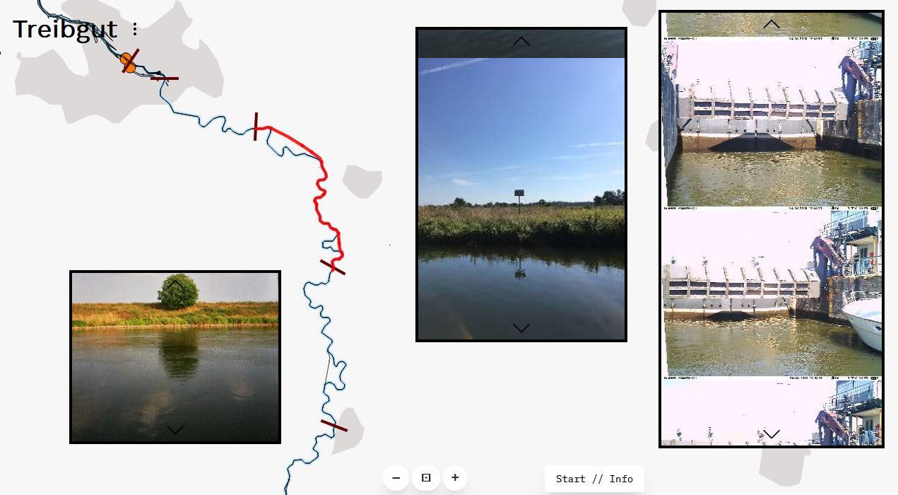 Startseite der Website Treibgut Plattform mit einer Karte eines Wasserwegs zwischen Kassel und Bremerhaven im Hintergrund und drei Fotografien, die die Reise mit dem Floß dokumentieren, ein Abschnitt des Wasserwegs ist auf der Karte rot hervorgehoben 