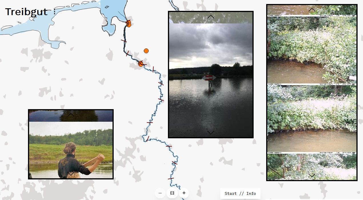 Startseite der Website Treibgut Plattform mit einer Karte eines Wasserwegs zwischen Kassel und Bremerhaven im Hintergrund und drei Fotografien im Vordergrund, die die Reise mit dem Floß dokumentieren 