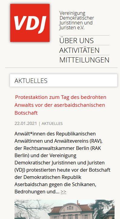 Unterseite der Website Vereinigung demokratischer Juristinnen und Juristen zum Thema „Aktuelles“, Smartphone-Version